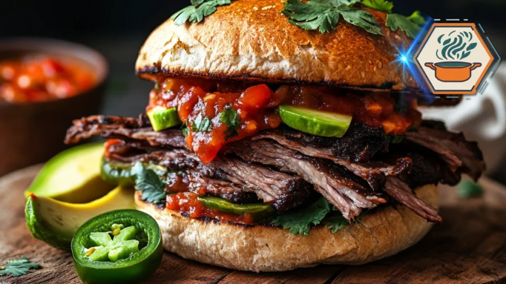 Tex-Mex brisket sandwich: smoky beef brisket, melted cheese, jalapeños, and sauce in toasted bread.