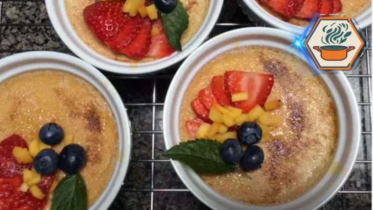 Caramelized crème brûlée garnished with fresh strawberries, blueberries, diced mango, and mint leaves, arranged in ramekins on a cooling rack