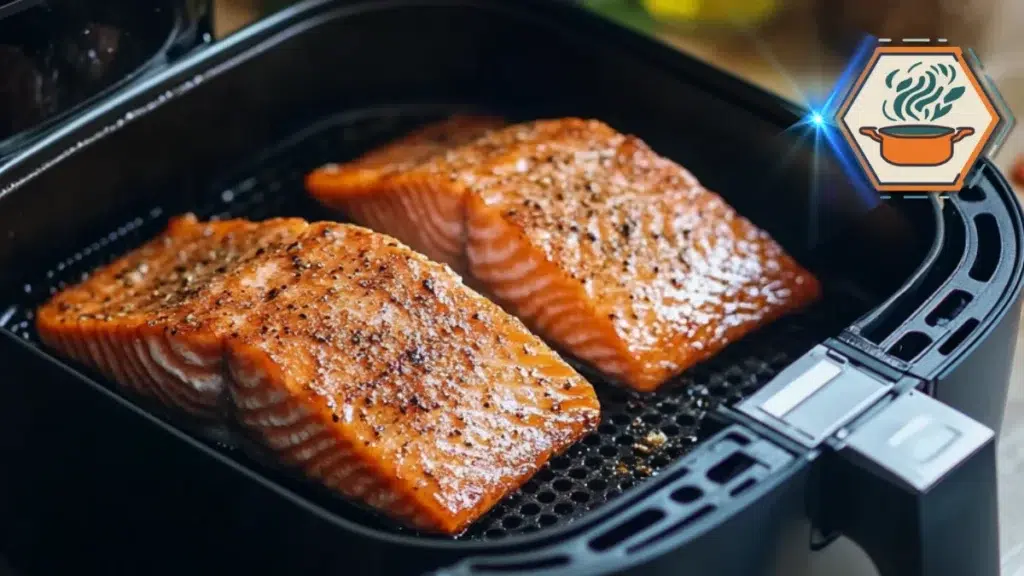 A serving of crispy air-fried salmon skin arranged on a wooden board with dipping sauce, showcasing its crunch and savory flavor.