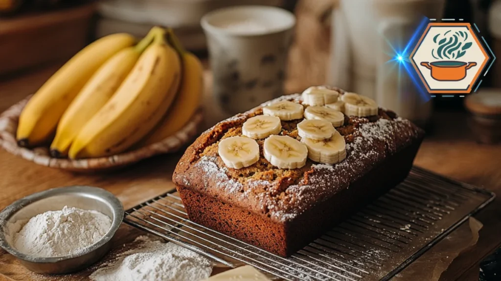 Rustic banana bread loaf resting on a wooden board in a farmhouse-style kitchen, surrounded by natural lighting, linen cloth, and simple baking elements.