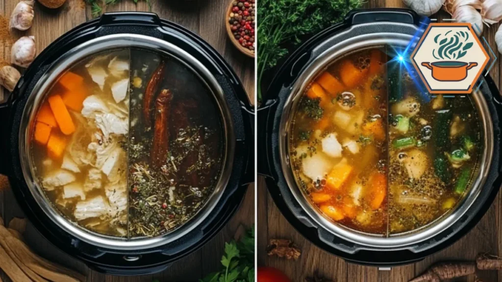 A steaming bowl of bone broth served fresh from a slow cooker, garnished with herbs, set on a rustic kitchen table with a ladle and linen napkin nearby.