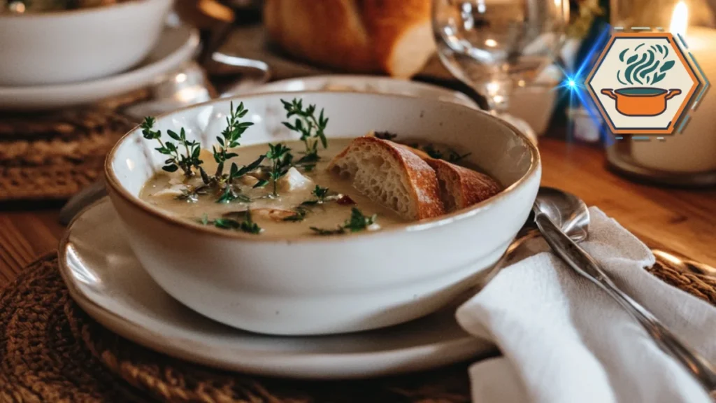 A refined bowl of bone broth served in fine porcelain on an elegant dining table, with golden cutlery, linen napkins, and ambient lighting in a luxurious dining room.