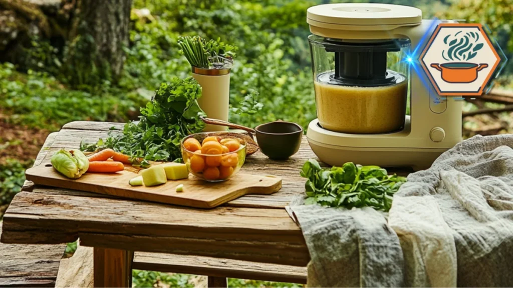 A cozy outdoor kitchen setup with fresh strawberries and blending tools prepared for making strawberry purée, surrounded by natural greenery and rustic charm.