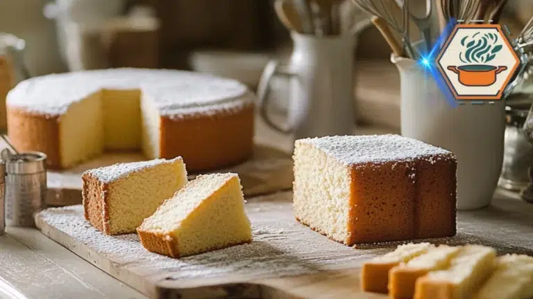 Kitchen scene with butter cake and pound cake on a countertop, showcasing their distinct textures and golden crusts