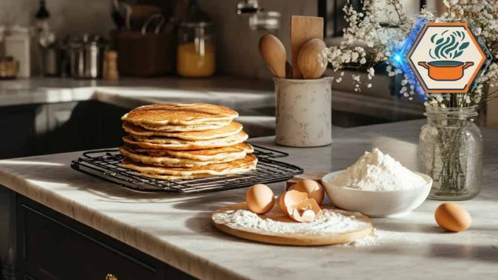 A plate of crispy pancakes served on an elegant kitchen island, with marble countertop, modern décor, and natural morning light enhancing a cozy breakfast scene.