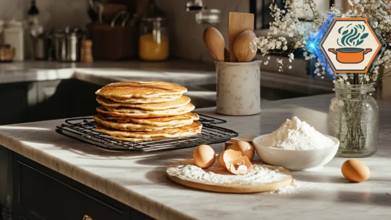 How to keep pancakes crispy? 3 A plate of crispy pancakes served on an elegant kitchen island, with marble countertop, modern décor, and natural morning light enhancing a cozy breakfast scene.