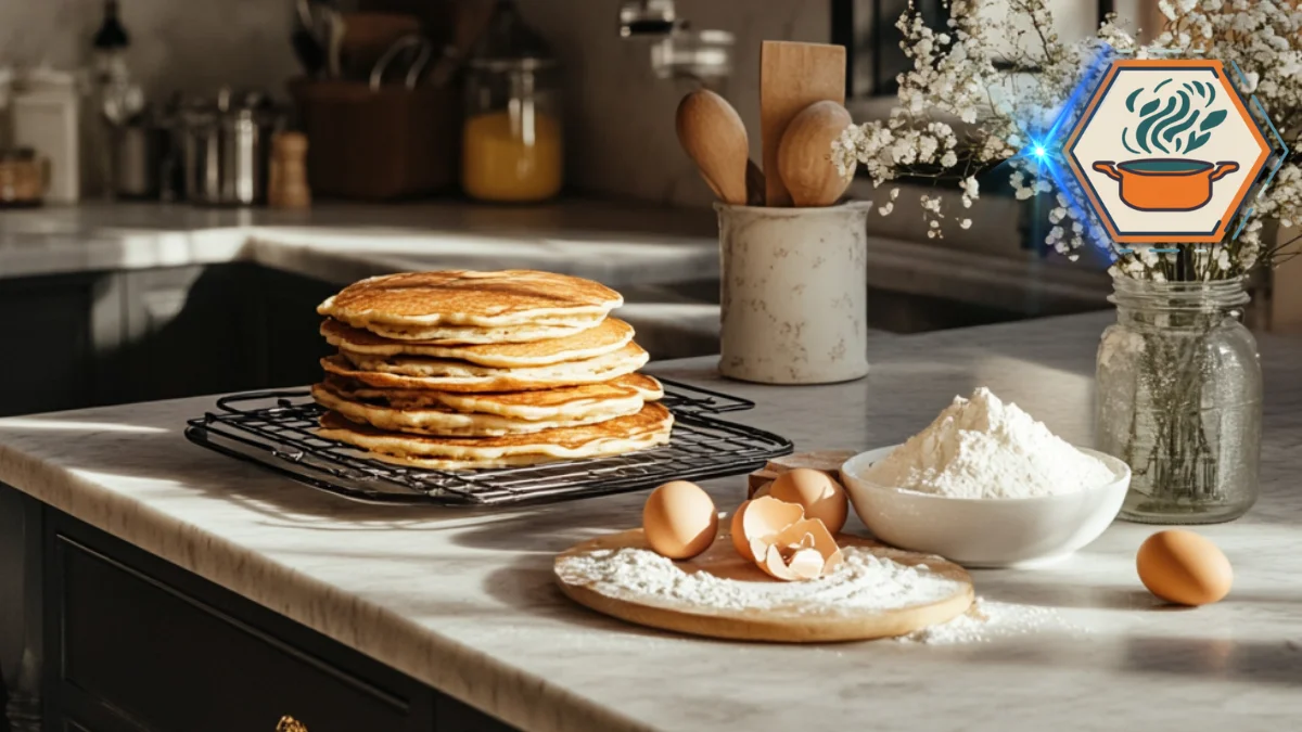 How to keep pancakes crispy? 2 A plate of crispy pancakes served on an elegant kitchen island, with marble countertop, modern décor, and natural morning light enhancing a cozy breakfast scene.