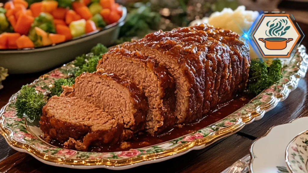 A family-style dinner setup in a luxurious kitchen featuring a long island countertop with dishes like meatloaf, roasted vegetables, and salad, surrounded by elegant décor and warm lighting.