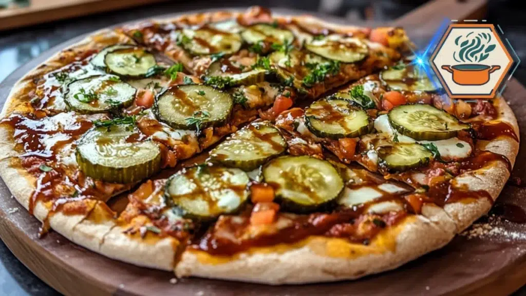 Funky pickle pizza with tangy pickles, creamy cheese, and herbs on a crispy crust — a unique and flavorful twist on classic pizza.