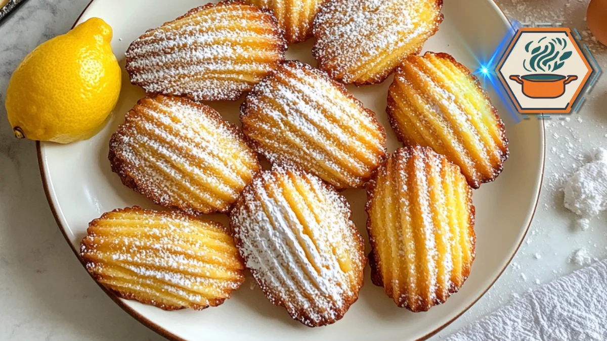 Cozy kitchen scene with a plate of freshly baked madeleines, golden and moist, resting on a wooden counter.