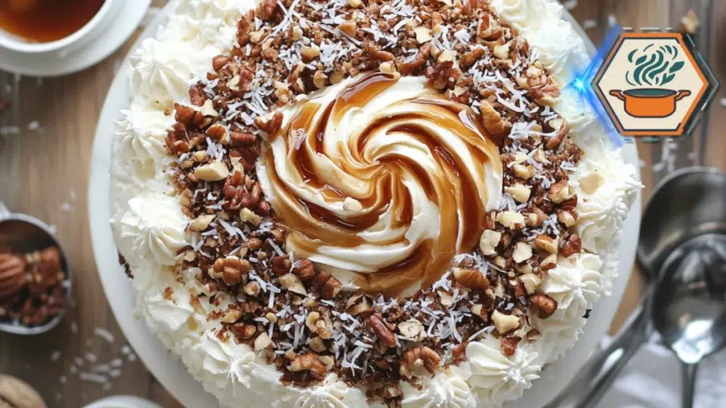 A close-up of a moist hurricane cake with visible textures of pineapple, coconut, and pecans, topped with a glossy caramel glaze.