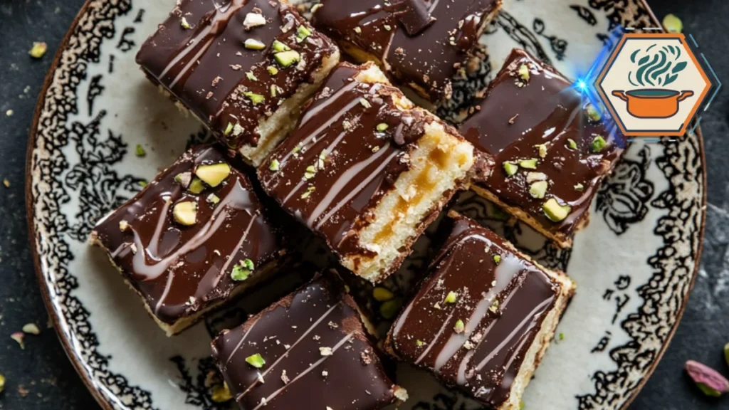 A decadent serving of knafeh chocolate dessert, featuring golden crispy pastry filled with rich chocolate, topped with pistachios and served on an elegant white plate.