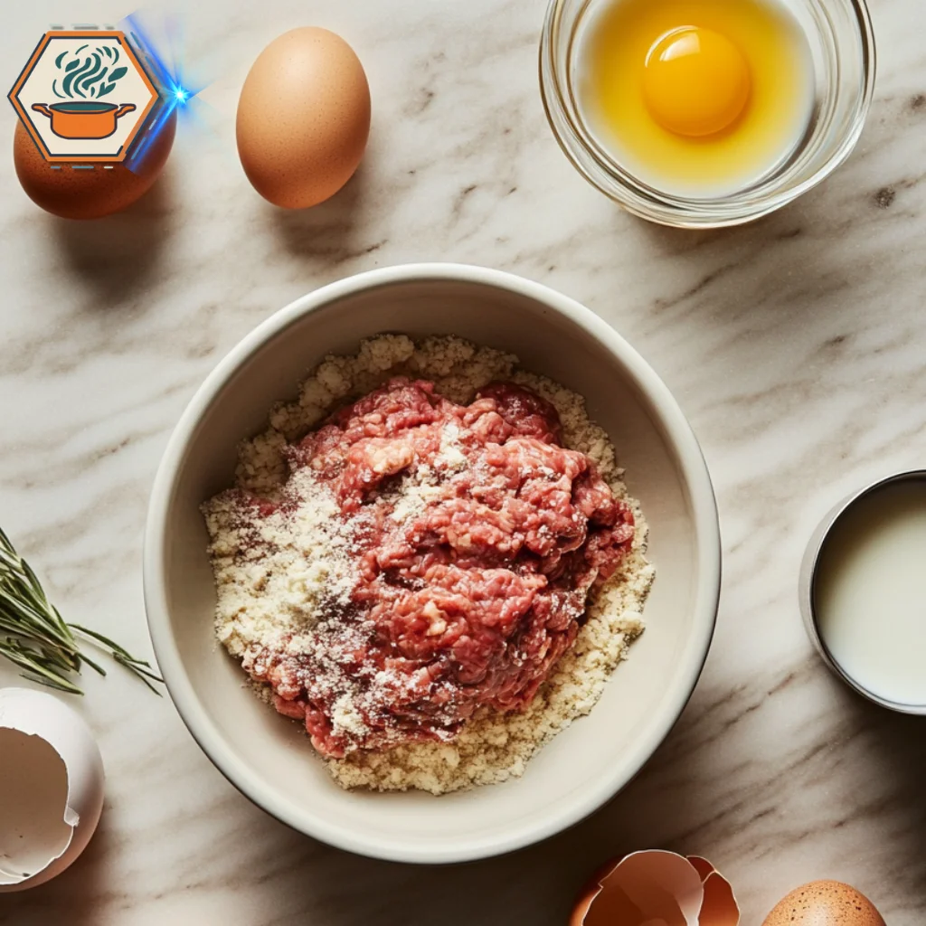 title="Minimalist Kitchen Counter with Meatloaf Ingredients" alt="A minimalist kitchen counter displaying ingredients for preparing a classic meatloaf, highlighting simplicity and clean presentation."