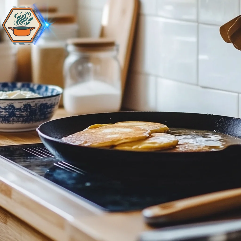 title="Minimalist Kitchen with Pancakes on Griddle" alt="A minimalist kitchen with a griddle cooking golden pancakes, showcasing a clean and modern culinary workspace."