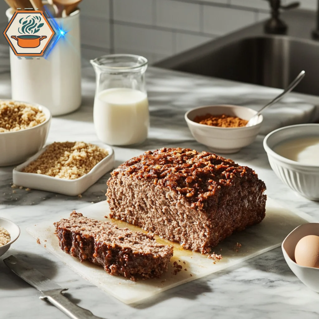 title="Modern Kitchen with Sliced Meatloaf" alt="A meatloaf falling apart while being sliced in a modern kitchen, emphasizing its juicy texture and tender consistency."