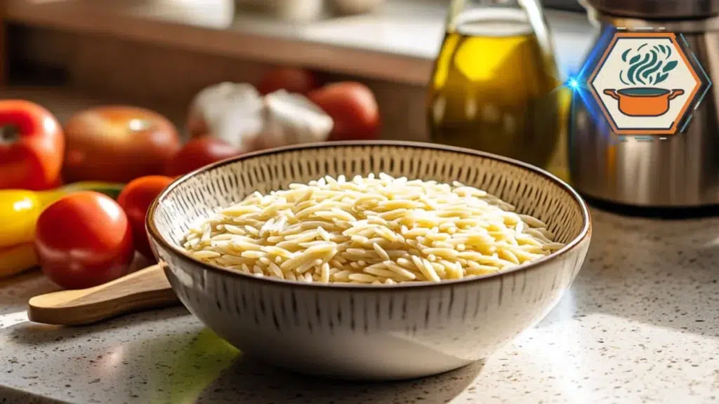 Cooked orzo and acini di pepe pasta in separate bowls, garnished with fresh herbs, ideal for soups, salads, and light side dishes.