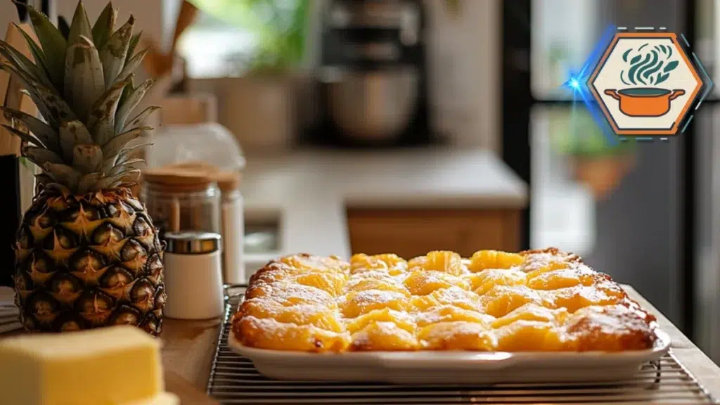 Fresh pineapple prepared for baking, highlighting its sweet and tangy flavor — a vibrant and juicy ingredient for delicious desserts.