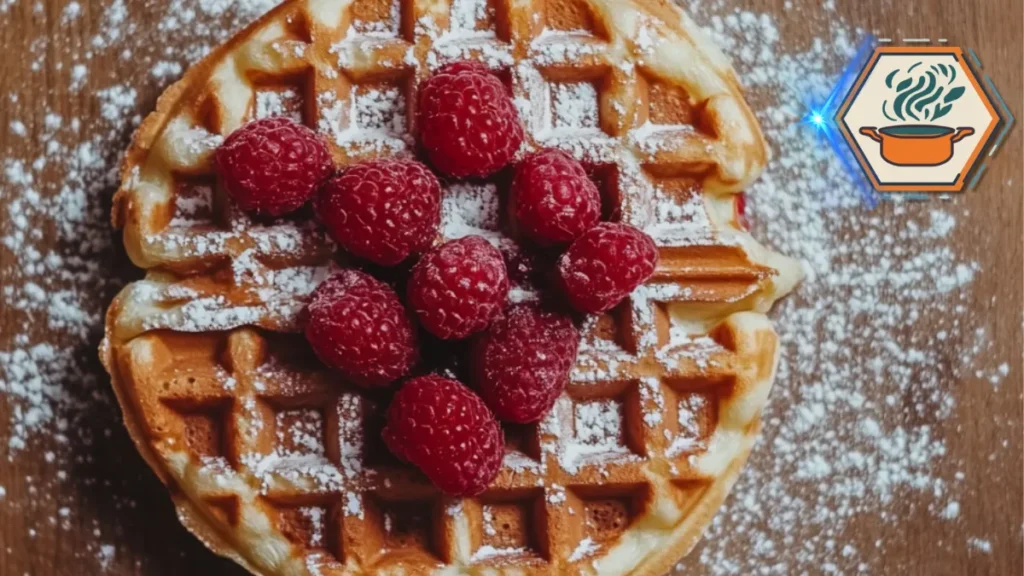 Golden waffle with fresh raspberries embedded in the batter, served warm on a plate with a drizzle of syrup and a side of fruit.