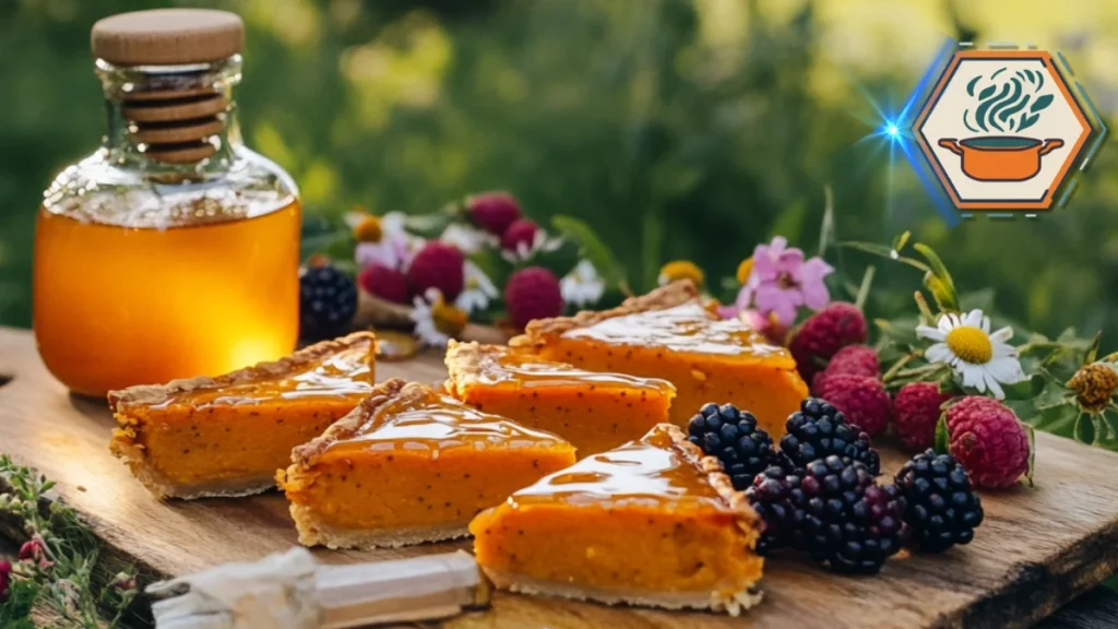Rustic sweet potato pie topped with fresh berries and drizzled honey, served on a wooden surface with warm lighting—highlighting seasonal, homemade goodness.