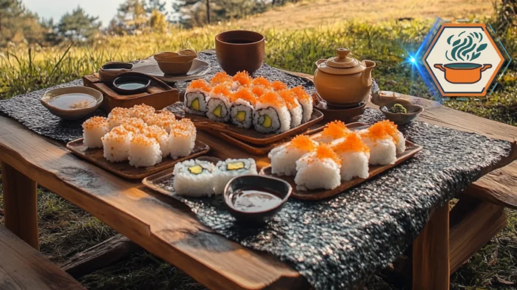 A scenic outdoor picnic table setup surrounded by nature, featuring rustic wooden elements, a checkered tablecloth, and gourmet dishes for al fresco dining.