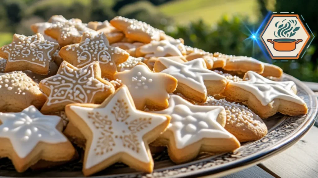 A festive plate of golden, star-shaped cookies arranged with decorative elements, perfect for any celebration or cozy homemade treat.