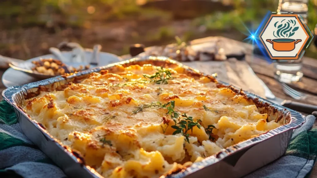 Thawed hash browns in a container placed on a picnic table with outdoor elements like fresh herbs, drinks, and utensils—ready for grilling or cooking.