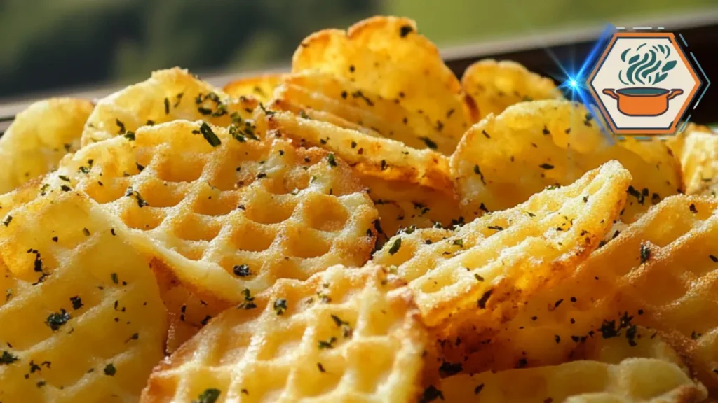 Waffle chips, also known as lattice chips or criss-cut fries, displayed on a rustic board with dip bowls and labeled name tags.
