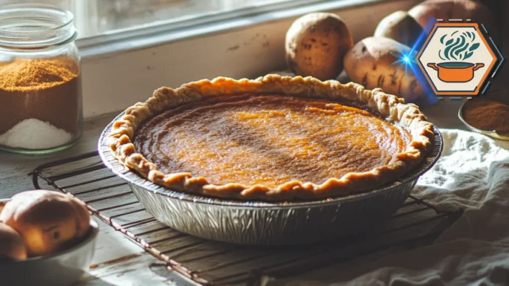 Ingredients for sweet potato pie: mashed sweet potatoes, sugar, butter, eggs, and spices like cinnamon and nutmeg.