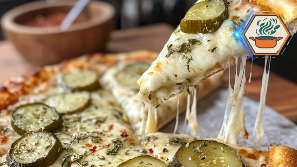 A slice of pickle pizza topped with dill pickles and melted cheese — offering a unique flavor experience that blends tanginess, creaminess, and crunch.