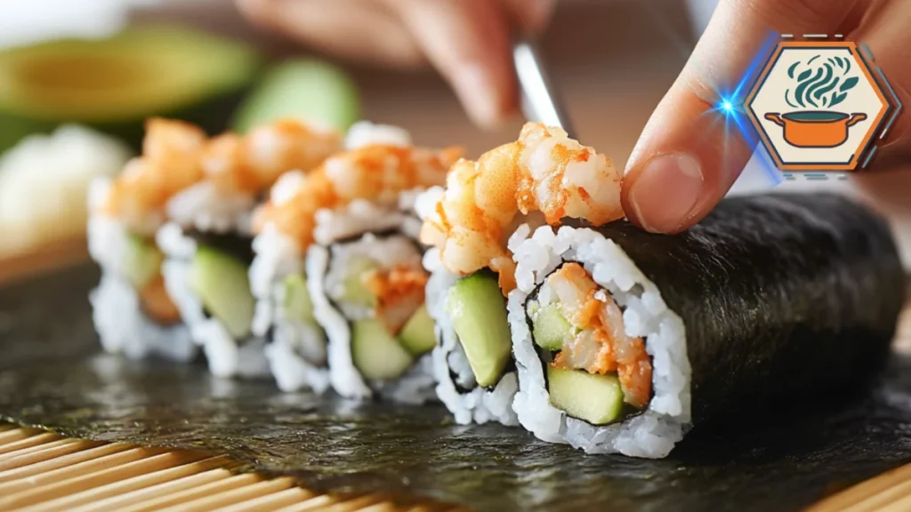 A detailed breakdown of a tempura roll, with labeled components including crispy shrimp tempura, avocado, cucumber, sushi rice, and seaweed wrap.