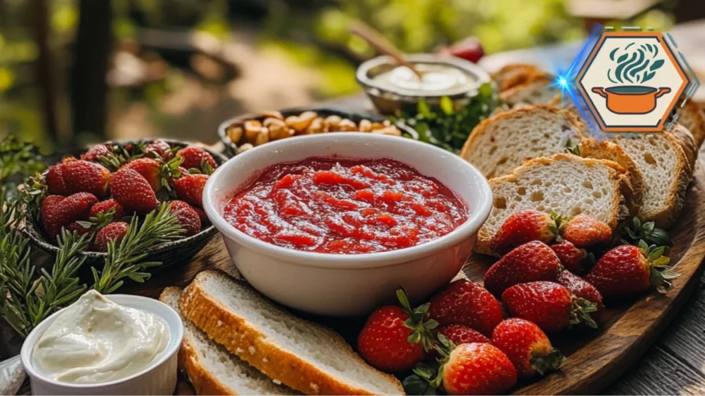 An assortment of ingredients and serving ideas for strawberry purée, including fresh strawberries, lemon, sugar, and uses like yogurt, toast, and desserts, displayed in a clean kitchen setup.