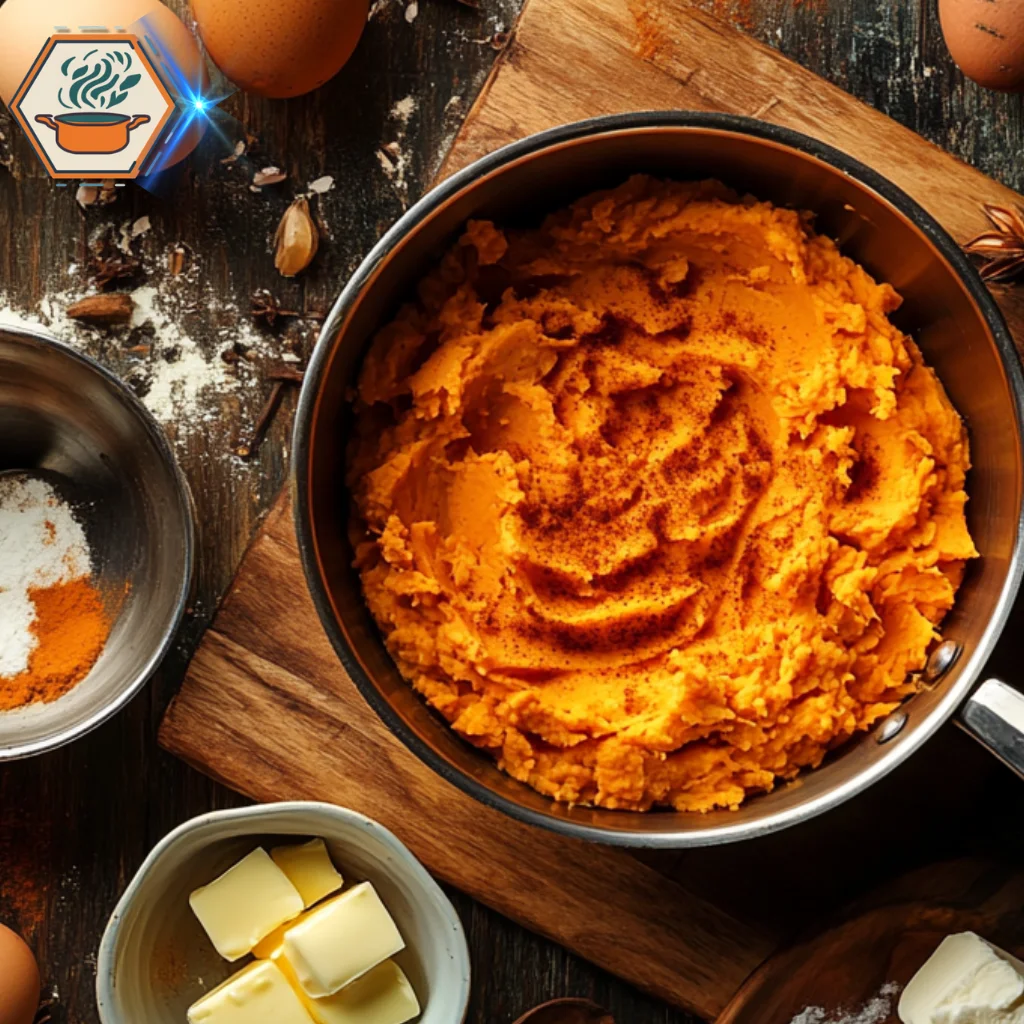 alt="Mashed sweet potatoes in a saucepan, surrounded by ingredients like butter, eggs, and spices on a rustic wooden table, showcasing preparation for sweet potato pie."