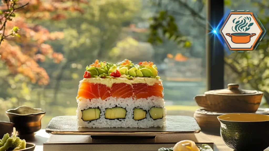 Ingredients used to make sushi cake, including sushi rice, avocado, raw salmon, tuna, cucumber, nori sheets, and garnishes like sesame seeds and microgreens.