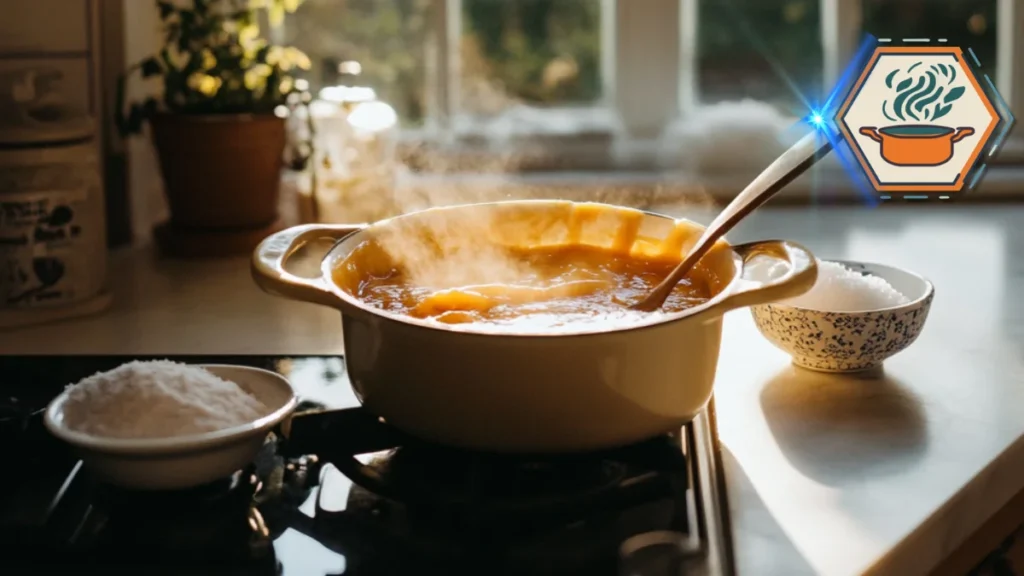 A close-up of sugar being caramelized in a saucepan, showing the golden-brown transformation and bubbling texture during the cooking process.