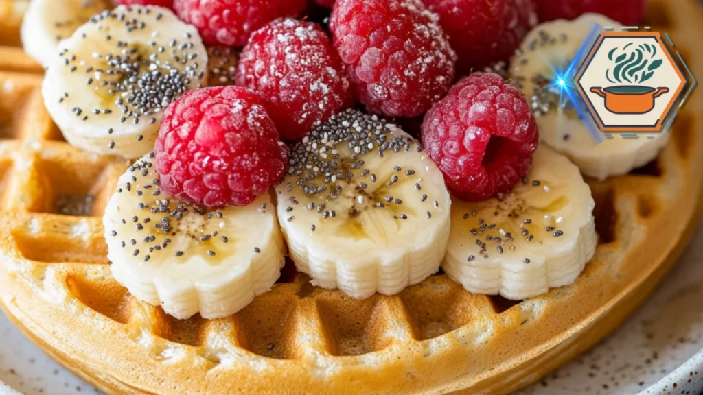 A breakfast plate featuring waffles topped with fresh fruit, representing a balanced and nutritious approach to morning meals.