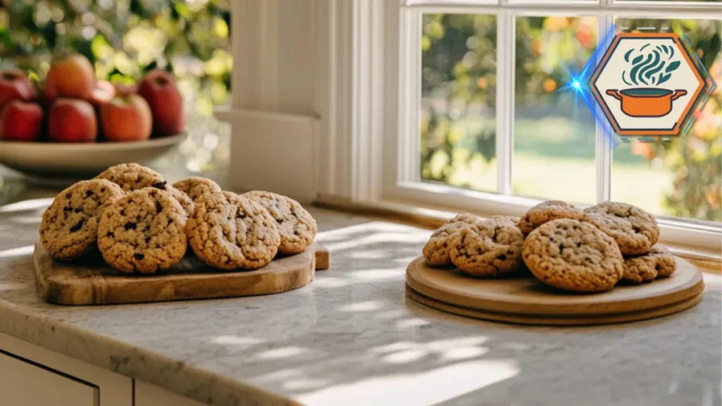 A side-by-side comparison of cookies baked in a traditional oven and in an air fryer, highlighting differences in texture, color, and crispiness.