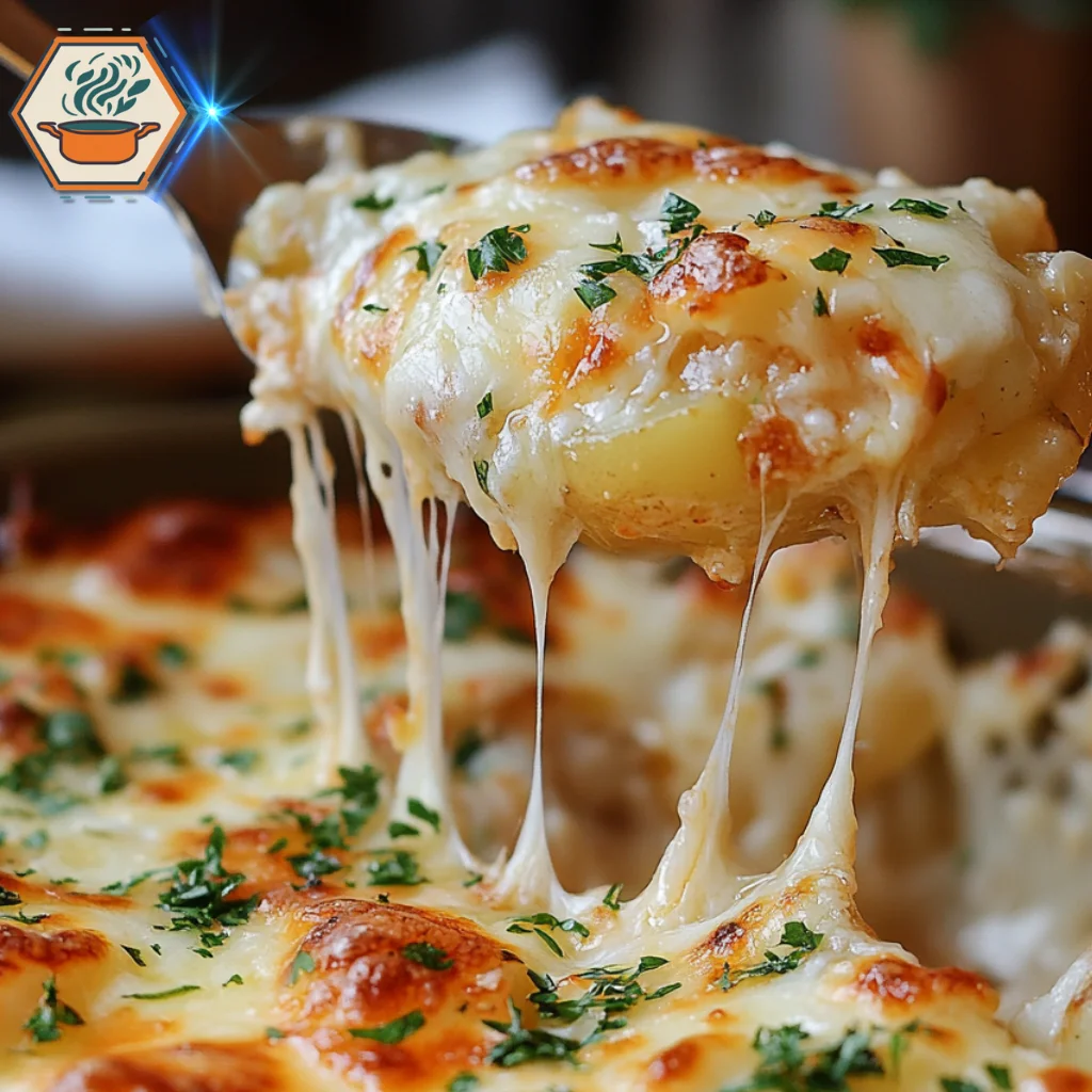 title="Delicious and Comforting Cheesy Potato Casserole Recipe" alt=“What is potato casserole? A bubbling cheesy potato casserole in a rustic baking dish, layered with golden melted cheese and soft potatoes—perfect as the ultimate comfort food side dish.”