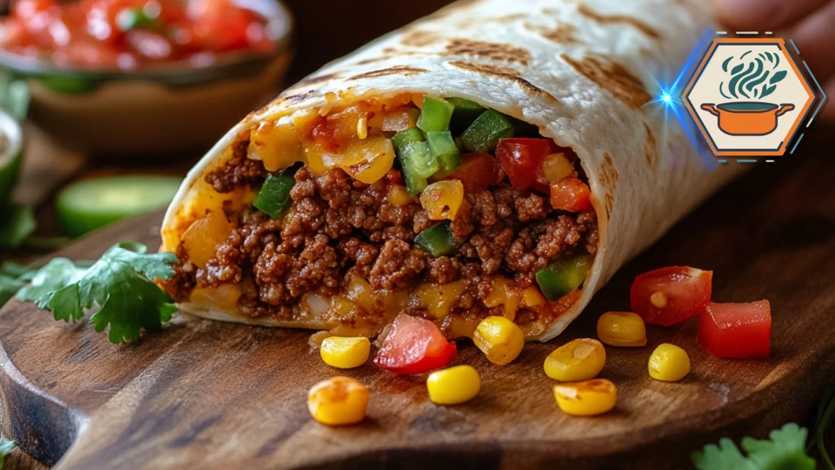 What is in a beefy 5 layer burrito? 2 A close-up of a Beefy 5-Layer Burrito cut open to reveal its layers—seasoned beef, refried beans, nacho cheese, sour cream, and tortillas.