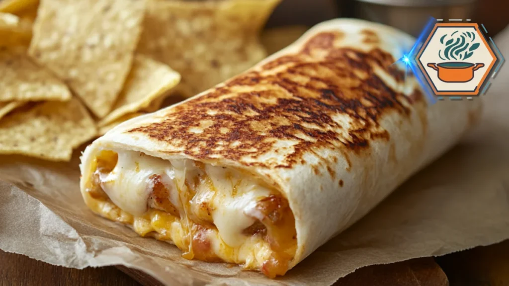 A grilled cheese burrito with golden grill marks, cut open to reveal melted cheese and hearty fillings—a comforting, flavor-packed meal.
