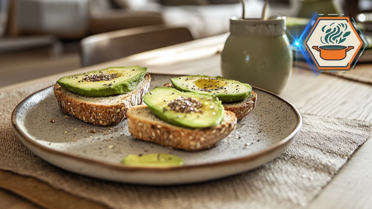 A close-up of healthy avocado toast topped with fresh ingredients, representing a nutritious breakfast option with a balanced perspective on health and wellness.