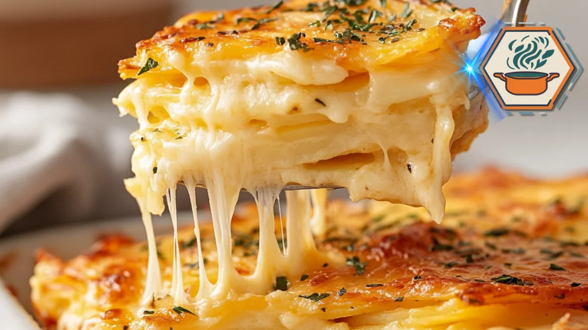 A top view of potato casserole ingredients, including sliced potatoes, cheese, cream, herbs, and breadcrumbs—showing what makes this classic dish so comforting.