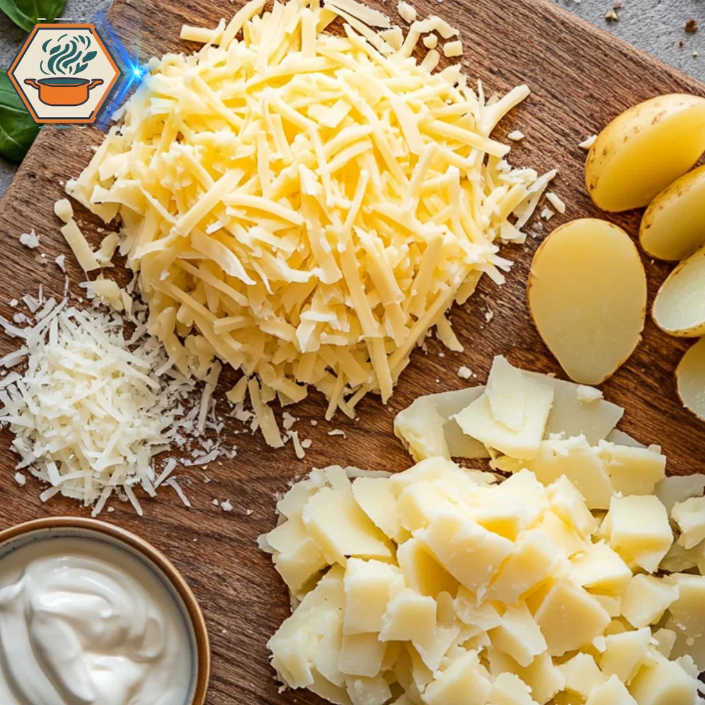 title="Key Ingredients for a Creamy Cheesy Potato Casserole" alt="Wooden board with shredded cheddar, mozzarella, and parmesan cheeses, highlighting essential ingredients like potatoes, cream, and butter for a creamy cheesy potato casserole."
