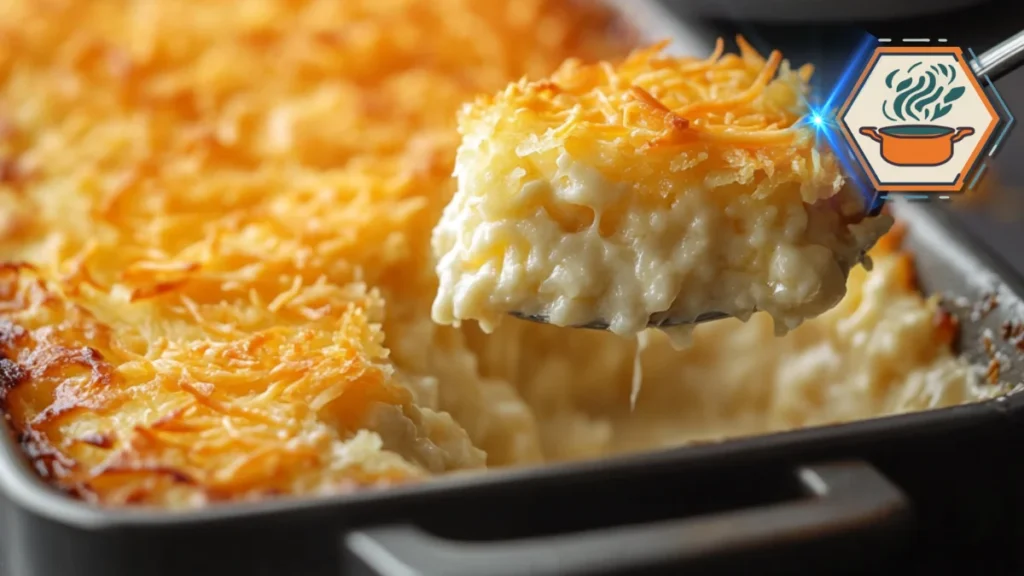 Minimalist kitchen counter displaying the key ingredients of hashbrown casserole—shredded potatoes, cheese, sour cream, onions, and seasoning.