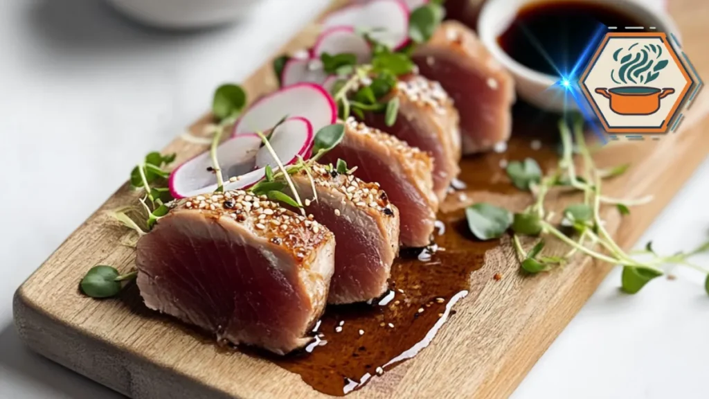 Explaining what tataki means in Japanese cuisine, set in a minimalist kitchen design, with ingredients and tools used for this Japanese cooking technique.