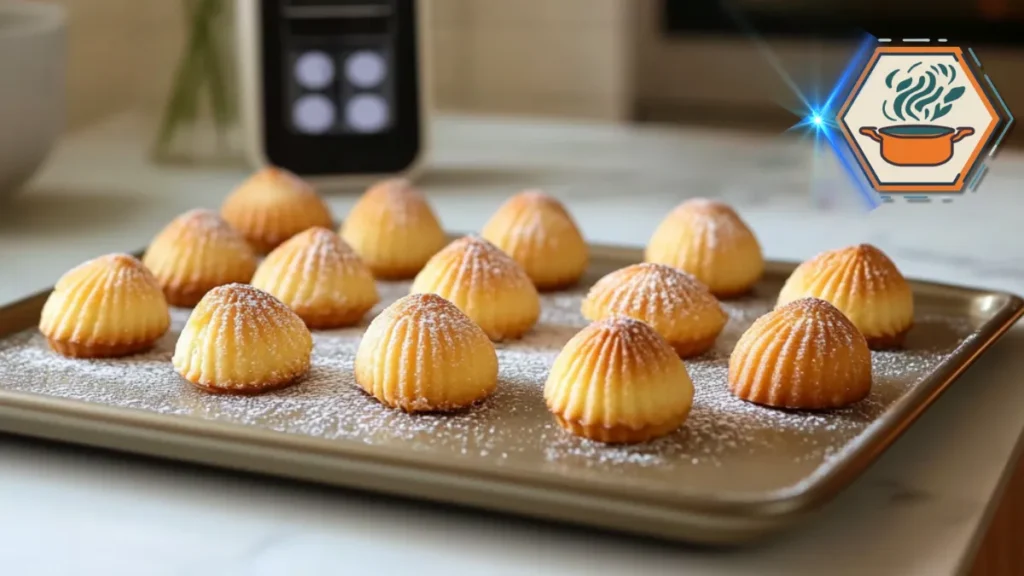 A minimalist kitchen setting with madeleines displayed, highlighting the issue of dryness—exploring the potential causes of dry madeleines in baking.