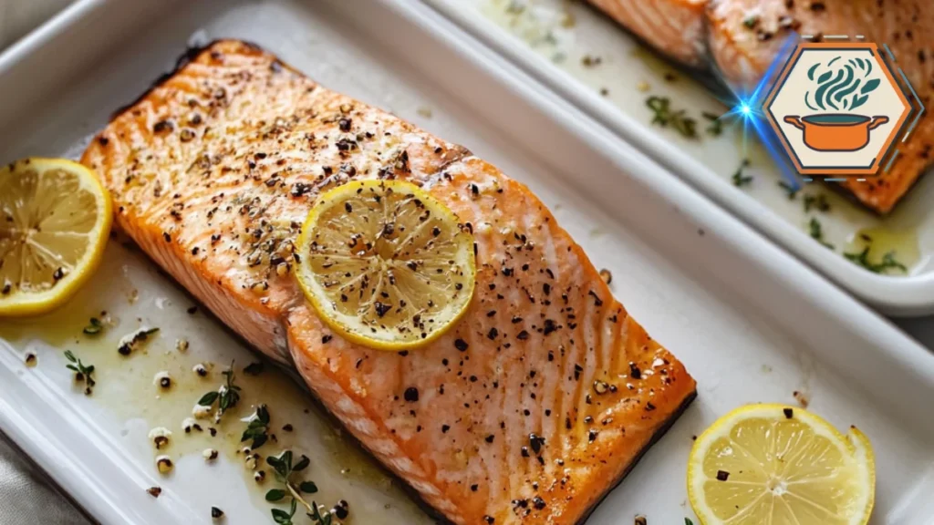 Modern kitchen with side-by-side salmon dishes—one baked and one fried—illustrating the pros and cons of each cooking method in terms of taste and nutrition.