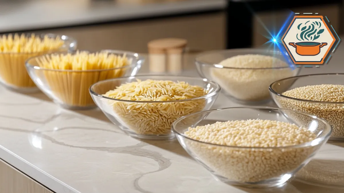 A modern kitchen design featuring pasta options that are closest to orzo, showcasing different pasta shapes that can be used as substitutes in recipes.