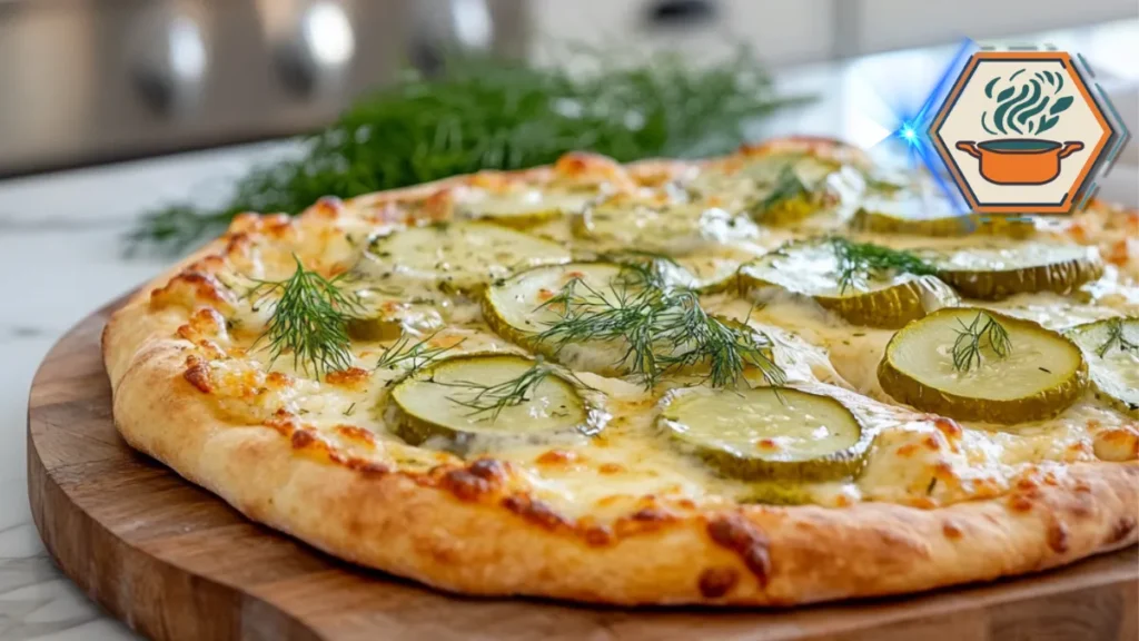 Freshly baked pickle pie pizza topped with melted cheese, dill pickles, herbs, and a golden crust, served on a rustic wooden board.