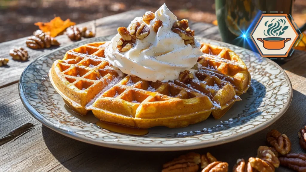 A mouthwatering stack of pumpkin pecan waffles served warm with syrup, butter, and chopped pecans, representing a cozy and indulgent breakfast treat.