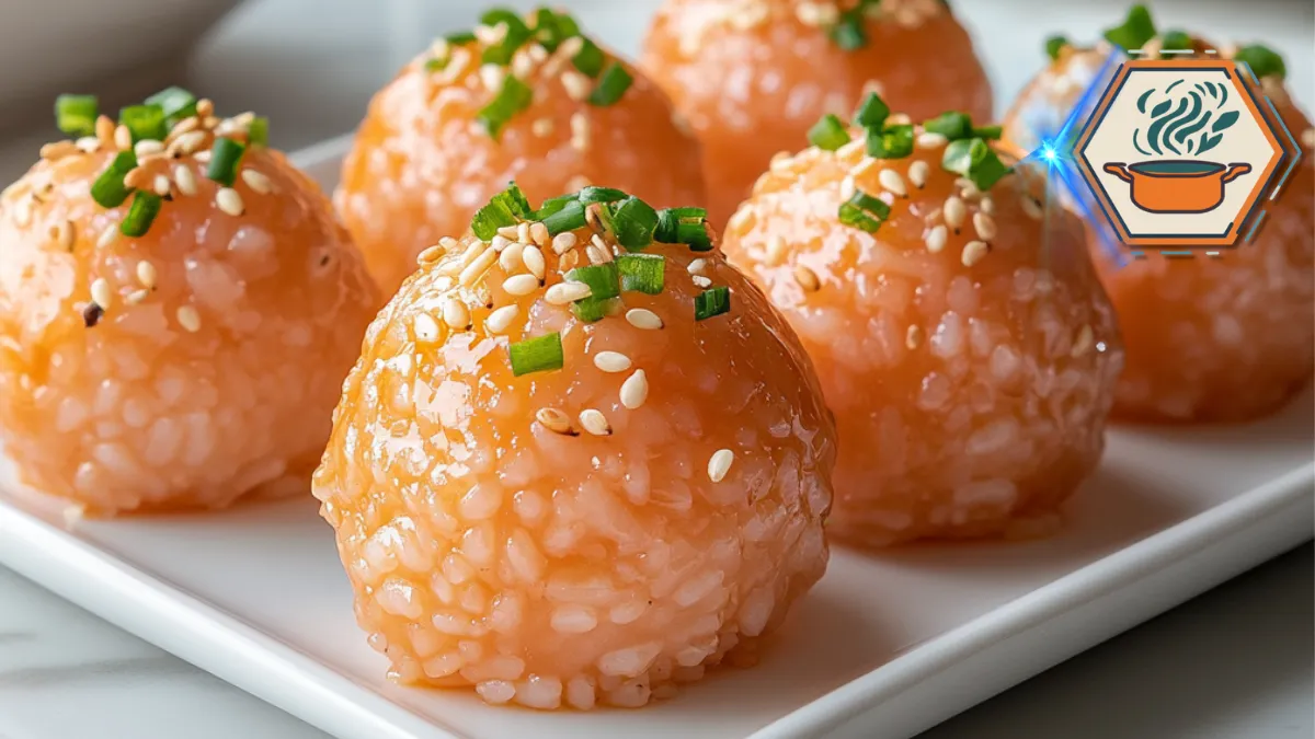 A plate of salmon rice balls (onigiri) wrapped in nori, garnished with sesame seeds and served with dipping sauce, showcasing a healthy and flavorful Japanese snack.